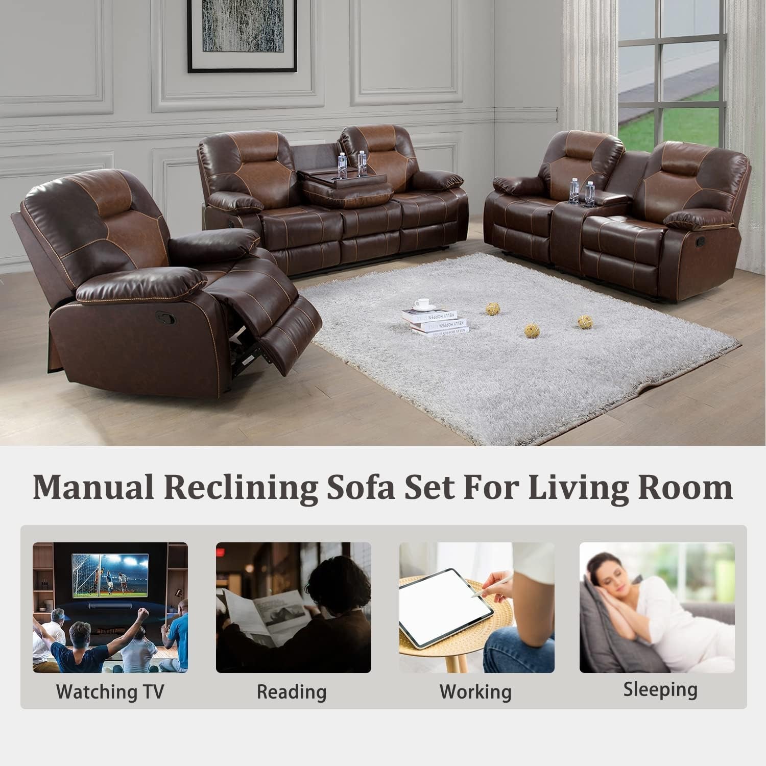 Manual Recliner Sofa Set, Bonded Leather Sofa with Recliners, Reclining Couch with Storage Console and Cup-Holders for Living Room/House/Bedroom/Office/Apartment (Brown / 3 Pieces Set)-2