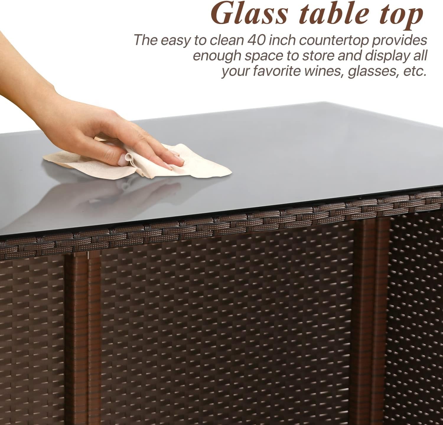 3-Piece Patio Bar Set Outdoor Wicker Bar Set All-Weather Rattan Bar Table Set Outdoor Furniture Set W/2 Stools, Glass Top Table and 2 Thick Cushion for Patios Backyards Porches Gardens Poolside, Red-3