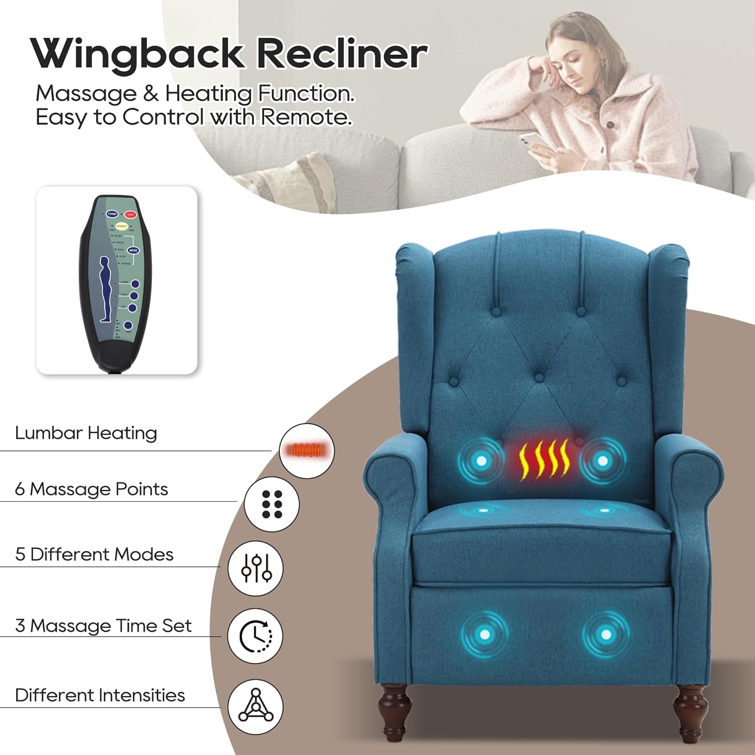 Wingback Recliner Chair with Massage and Heat Tufted Fabric Push Back Recliner Chair for Living Room Vintage Recliner Chair with Remote Control, Padded Cushion, Backrest, Wooden Legs-2