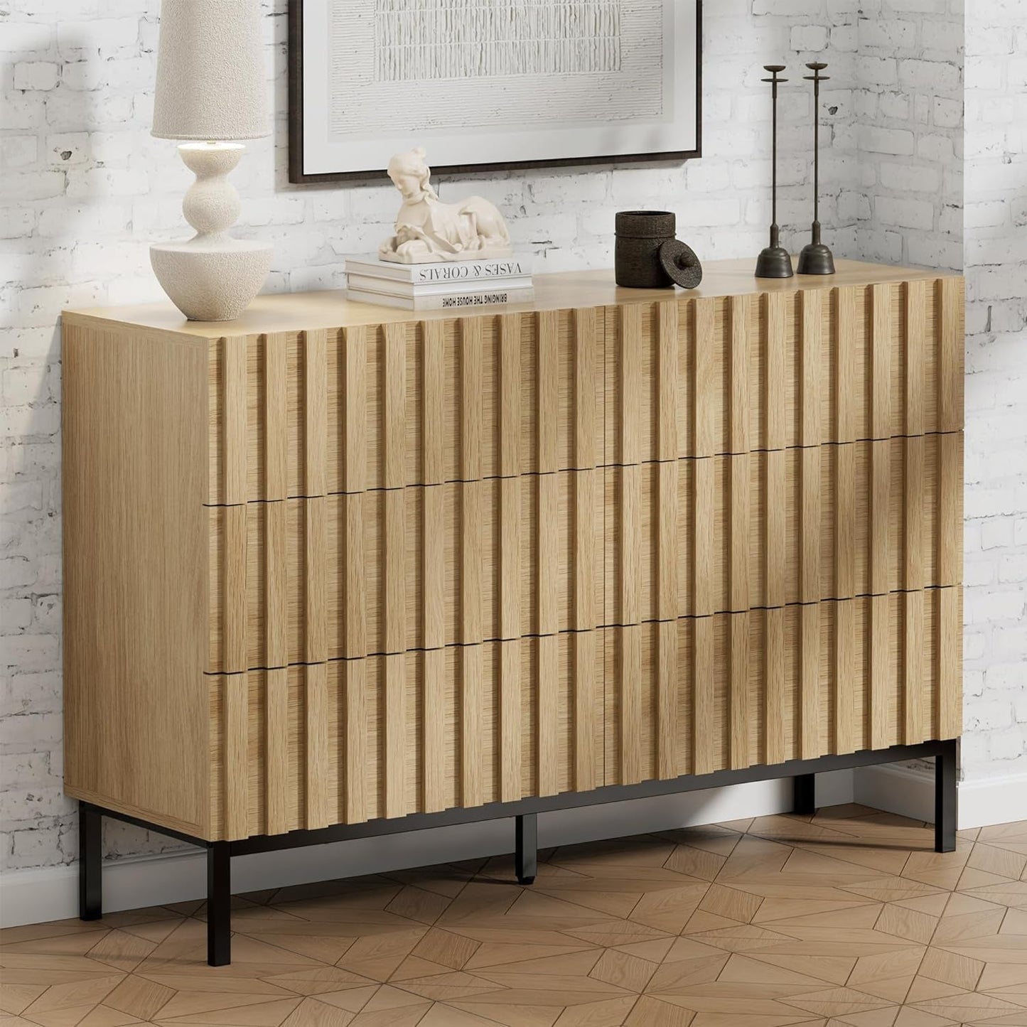 Natural Wood Dresser for Bedroom,Mid Century Modern Dresser,Fluted 6 Drawer Dresser with Metal Stand,Accent Chest of Drawers for Bedroom,Living Room,Hallway-2