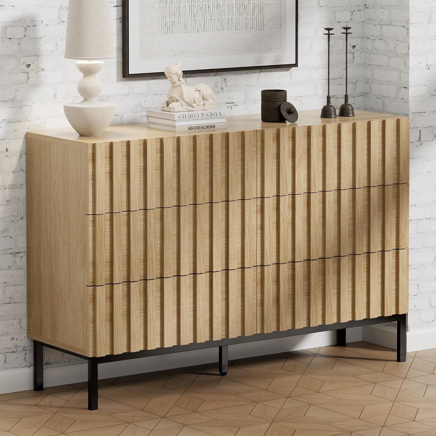 Natural Wood Dresser for Bedroom,Mid Century Modern Dresser,Fluted 6 Drawer Dresser with Metal Stand,Accent Chest of Drawers for Bedroom,Living Room,Hallway-2