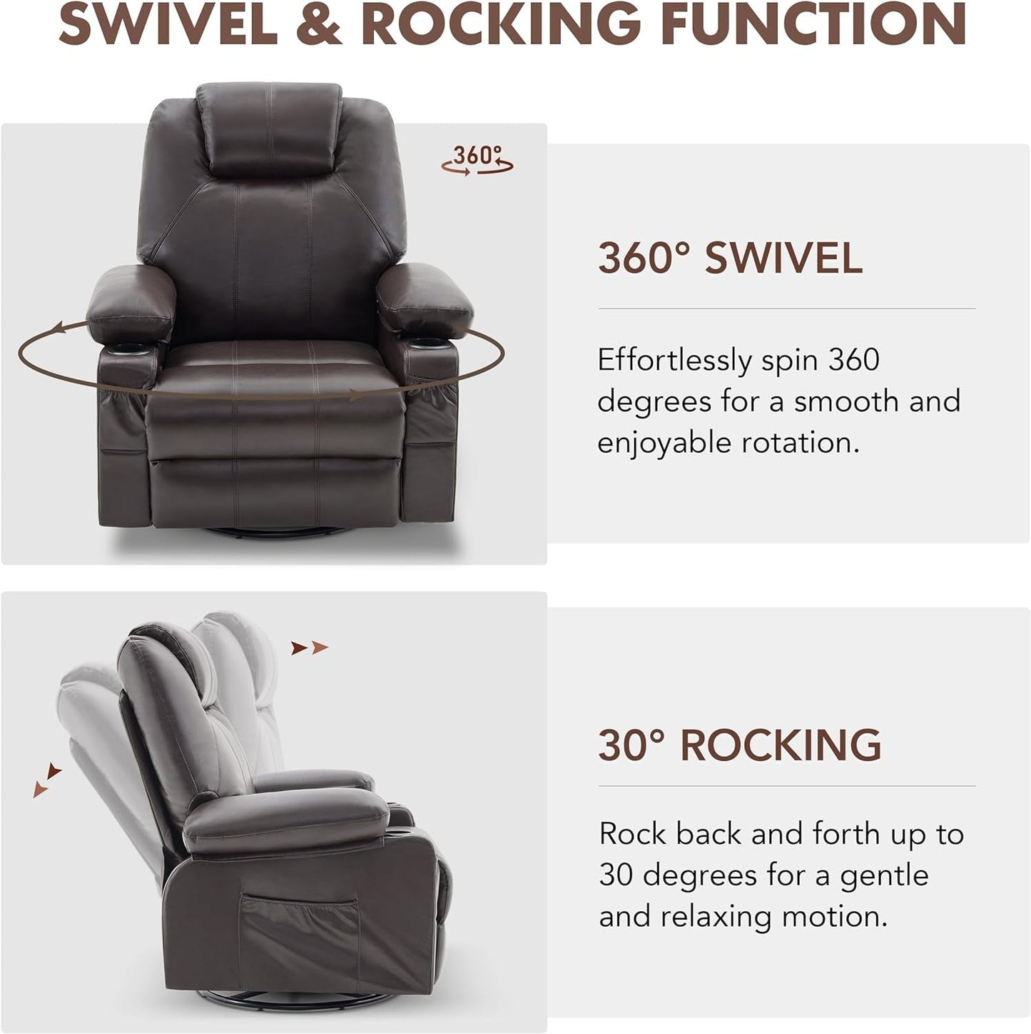 Oversized Swivel Rocker Recliner Chair with Heat and Massage, 360 Degree Swivel Rocking Single Sofa with Cup Holders and USB Port, Big Large Recliner Chair for Living Room (Leather, Brown)-2