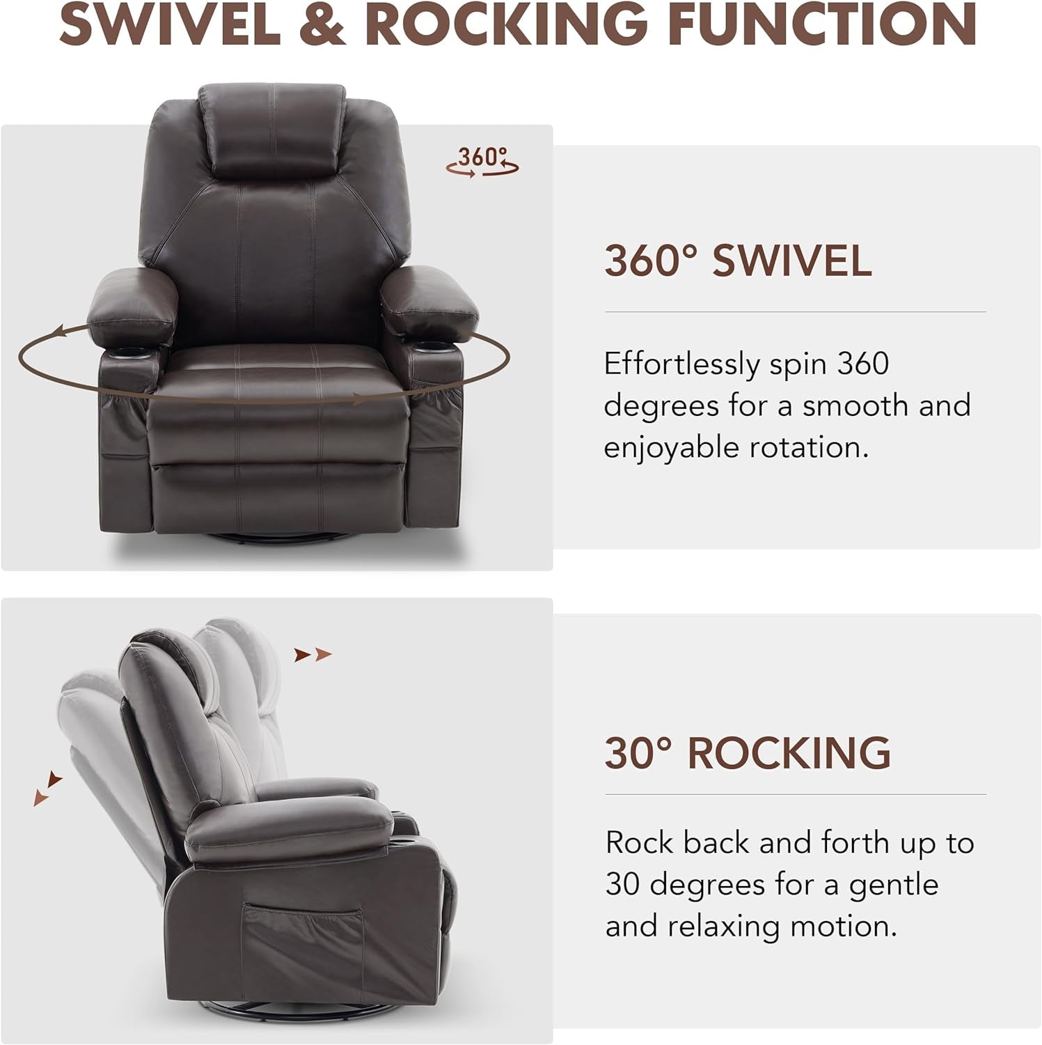 Oversized Swivel Rocker Recliner Chair with Heat and Massage, 360 Degree Swivel Rocking Single Sofa with Cup Holders and USB Port, Big Large Recliner Chair for Living Room (Leather, Brown)-2
