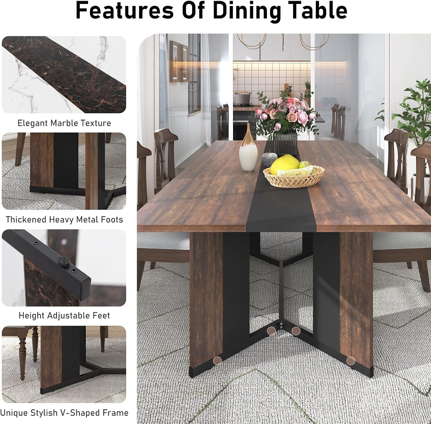 71In Large Rectangular Dining Table for 4 5 6 7 People W/35 Marble-Color Wood Watrproof Brown Tabletop,Adjustable Leg.6Ft Luxurious Family Dinner Table for Office Kitchen Living Room-3