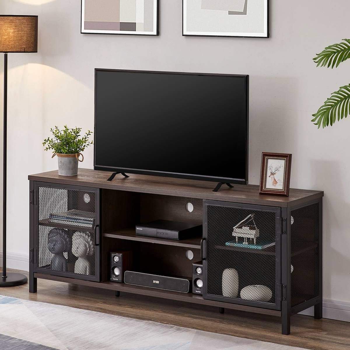 Industrial Entertainment Center for Tvs up to 55 60 65 Inch, Rustic Wood TV Stand, Large TV Console and TV Cabinet for Living Room (60 Inch Wide, Walnut Brown)-0