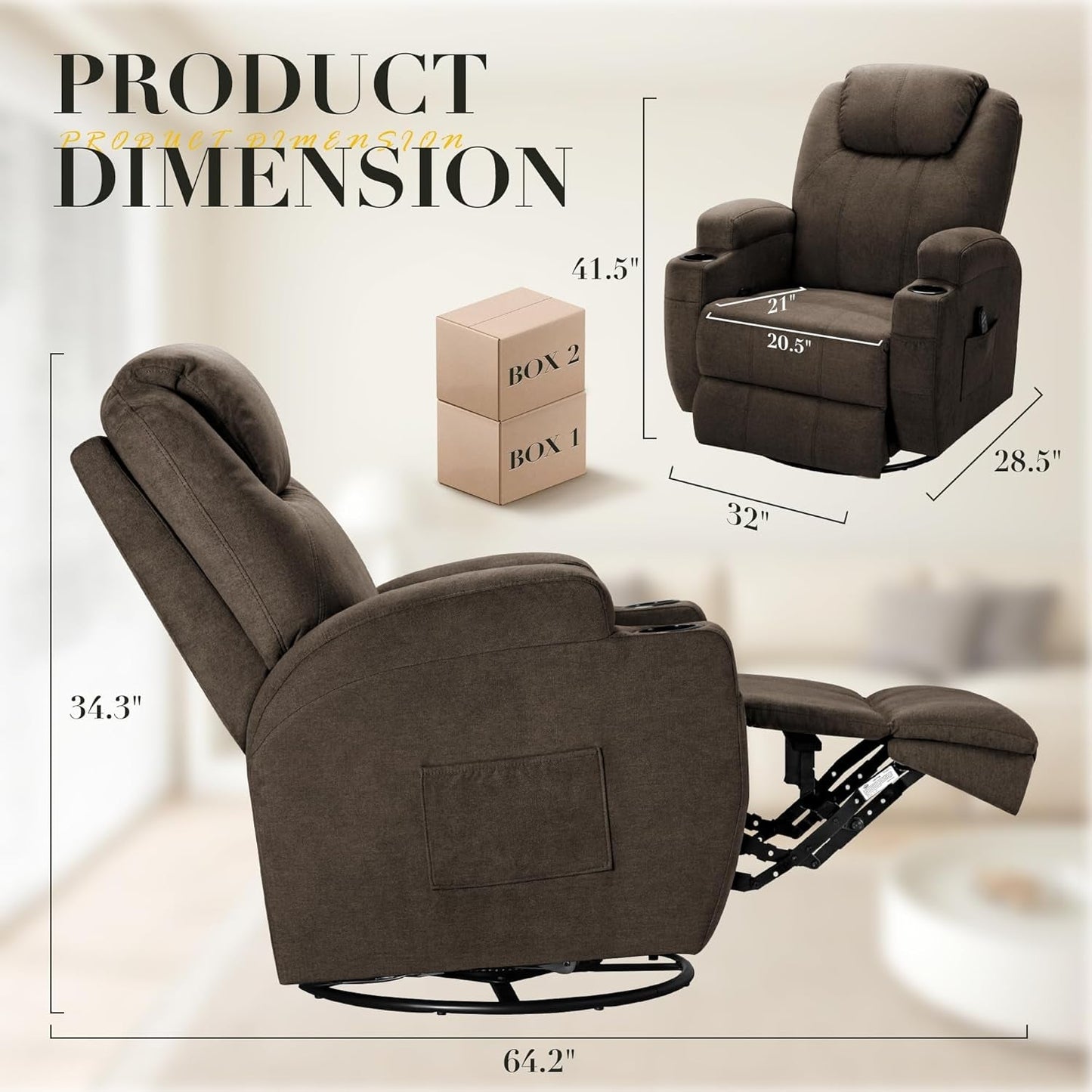 Recliner Chair, 360° Swivel Rocker Chair for Adults, Rocking Recliner Chair with Massage, Comfy Single Sofa with Side Pockets Cup Holders for Living Room, Bedroom, Nursery (Fabric, Brown)-1