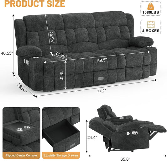 Loveseat Recliner Sofa, Flip Middle Backrest Design 3 Seat Reclining Sofa with Storage Drawer, USB Ports & Cup Holders, Manual Couch for Living Room/Rv (Gray)-1