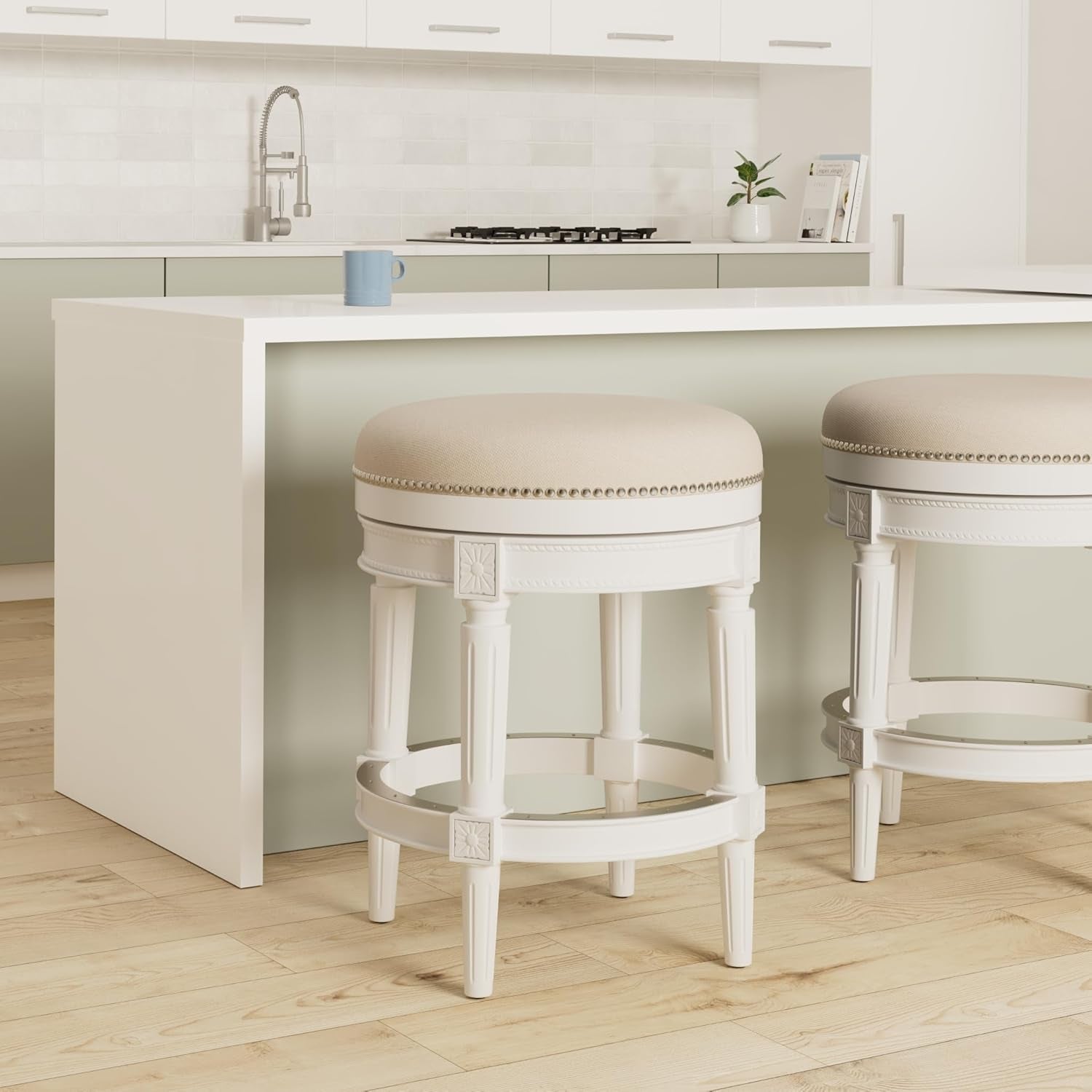 Pullman 26 Inch Tall Backless Alabaster White Finish Counter Height Upholstered Barstool with Cream Fabric Cushion Seat-1