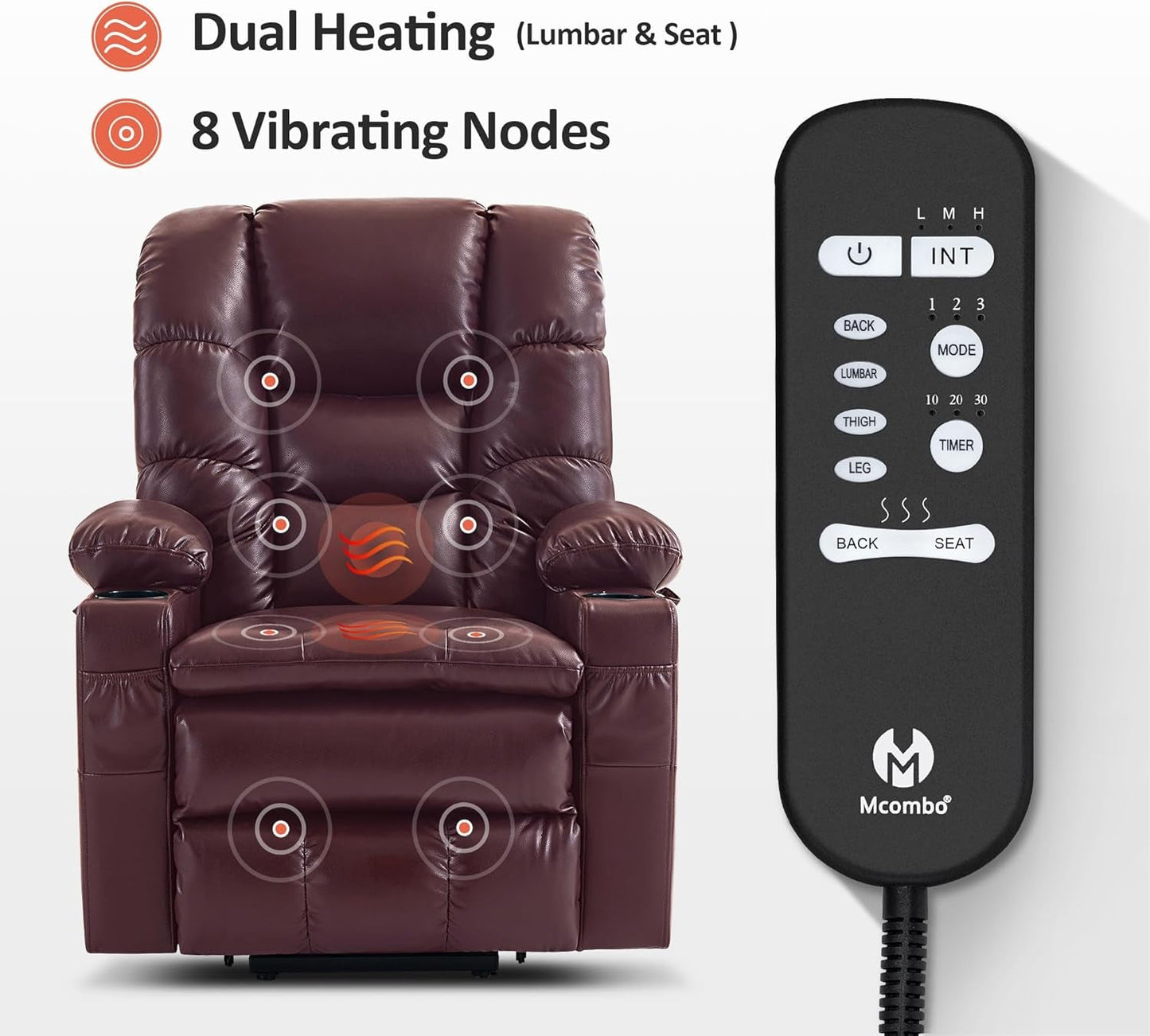 Dual Motor Power Lift Recliner Chair with Massage and Dual Heating, Adjustable Headrest for Big and Tall Elderly People, Faux Leather 7634 (Wine, Large-Regular)-4