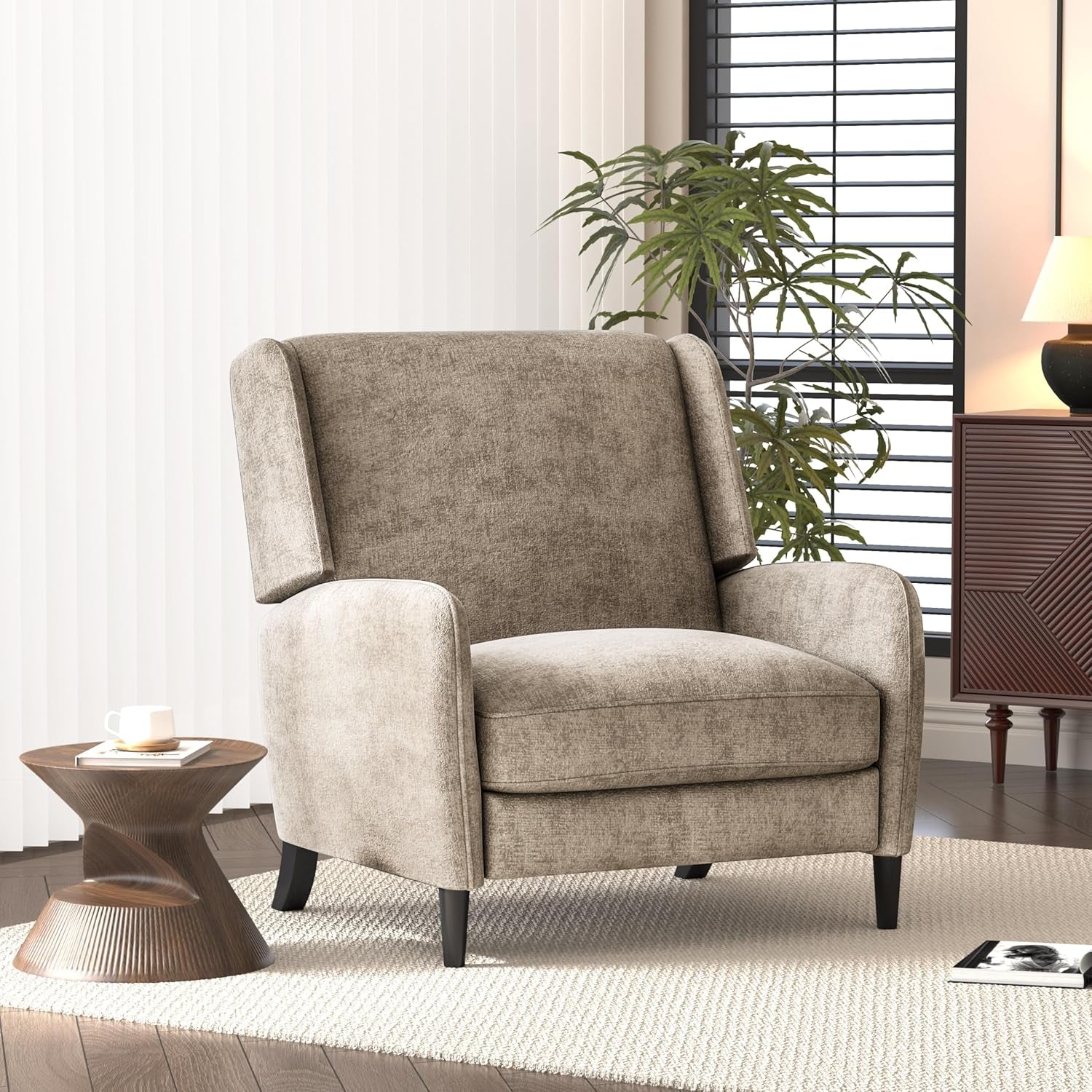 Oversized Pushback Recliner, Textured Fabric Push Back Chair with Padded Seat for Living Room Bedroom, Beige-0