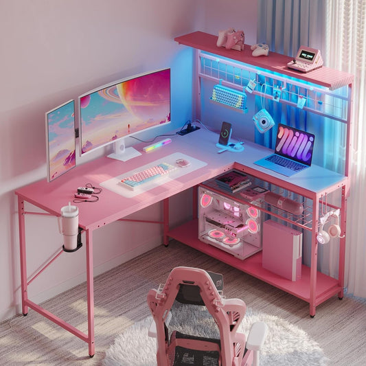 Gaming Desk 51" L-Shaped, with Power Outlets & LED Lights- 4 Tier Shelves, Reversible Gamer Table with Hooks & Cup Holder for Home Office Carbon Fiber Pink-1