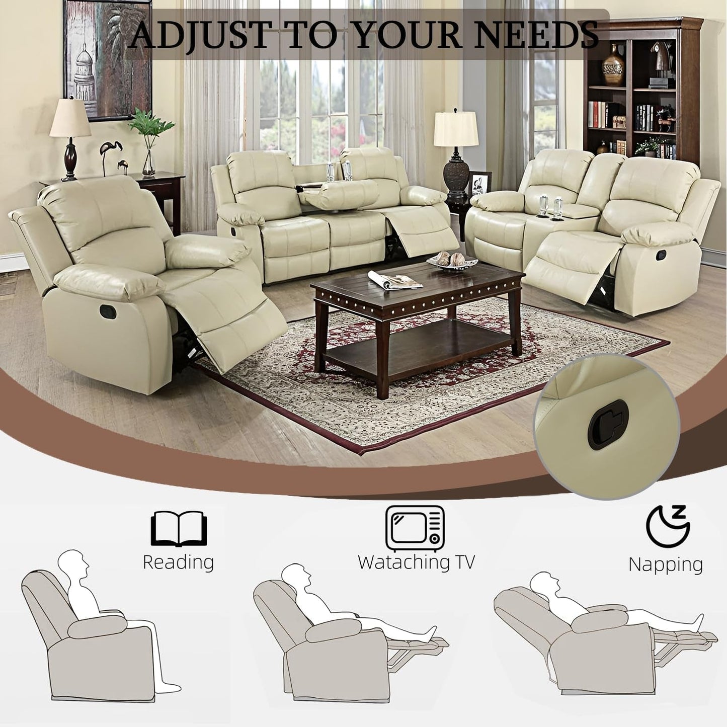 Leather Recliner Sofa Set，Leather Reclining Sofa Set for Living Room Furniture Sets，Beige Recliner Couch Set for Living Room/Office/Theater Seating(Sofa Set 3 Pieces)-4