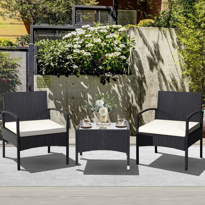 3 Pieces Patio Wicker Rattan Furniture Set with Cushions for Lawn Backyard-0