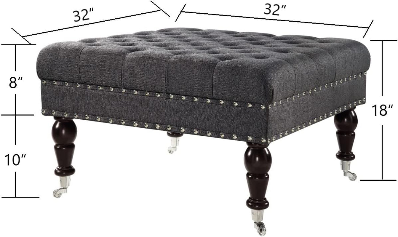 Charcoal Gray Tufted Ottoman with Rolling Wheels-1