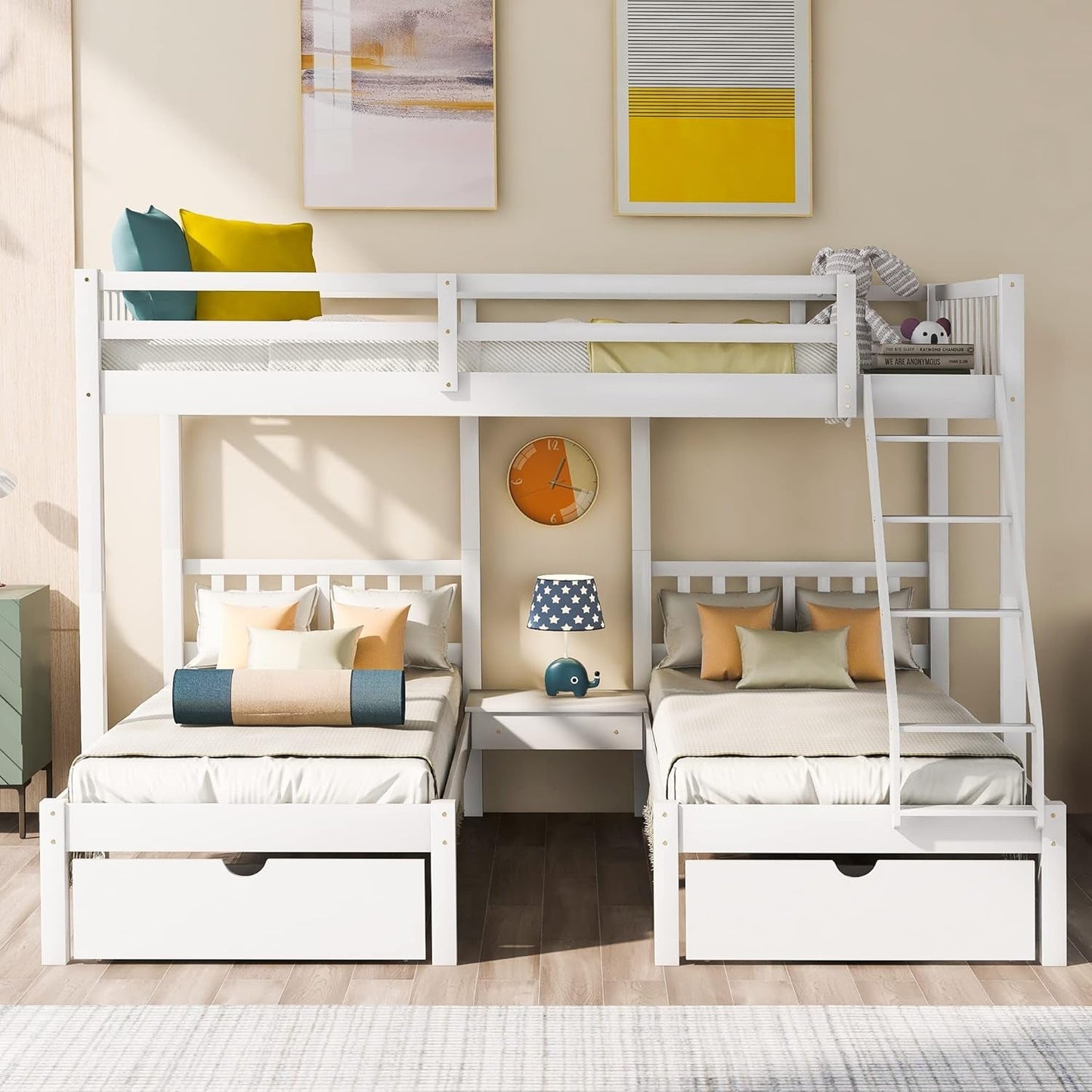 Full over Twin & Twin Bunk Bed, Wood Triple Bunk Bed with Drawers and Guardrails (White)-0