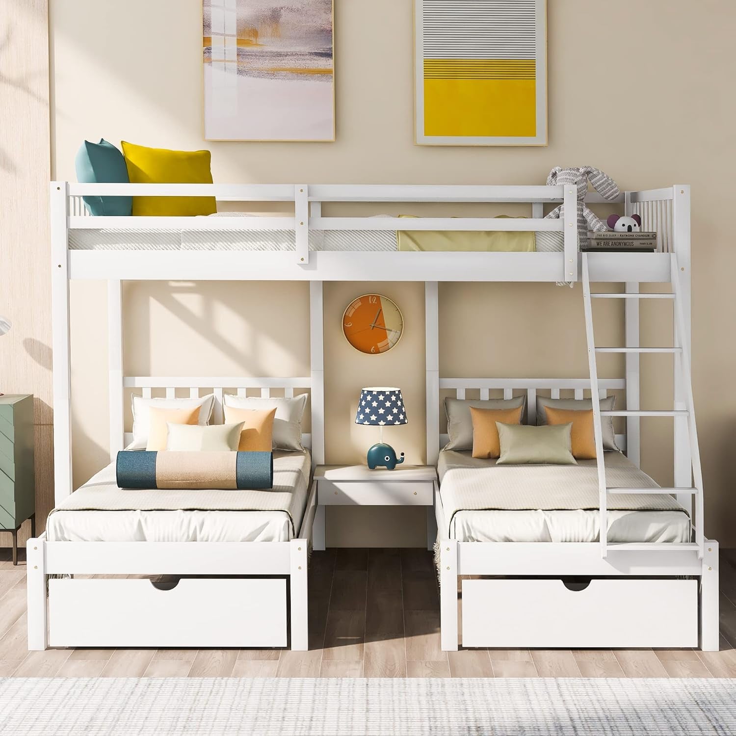 Full over Twin & Twin Bunk Bed, Wood Triple Bunk Bed with Drawers and Guardrails (White)-0