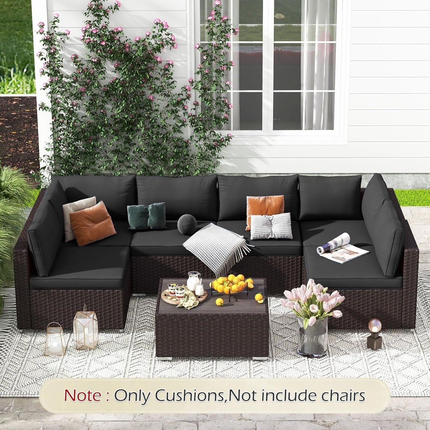Outdoor Replacement Cushions for Patio Furniture,Water-Repellent Sofa Cushions for 6-Seat Rattan Wicker Sectional Patio Conversation Sets,14-Piece Cushions Set for Outdoor Couch（Black）-1
