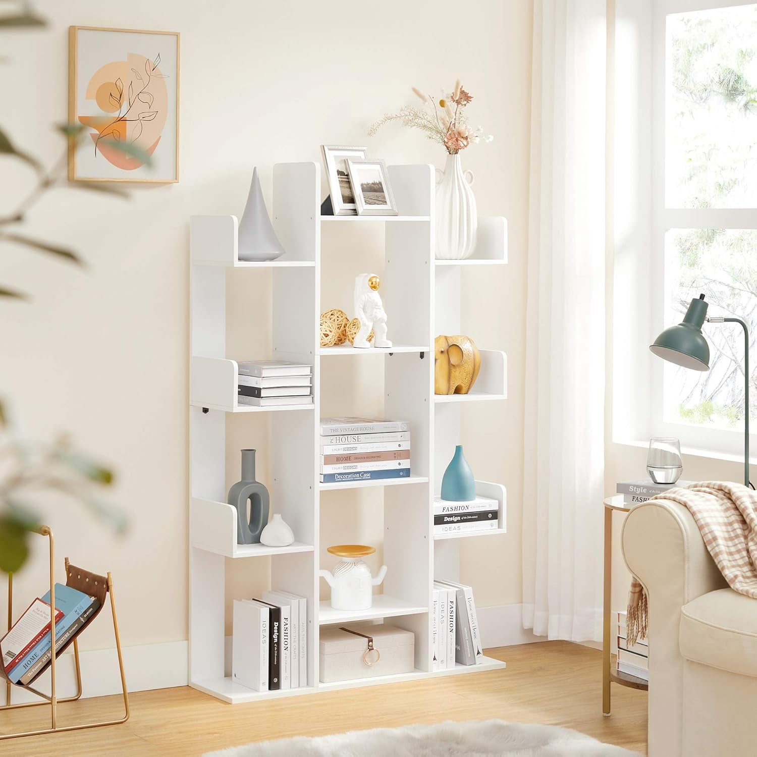 Tree-Shaped Bookcase with 13 Shelves and 5-Tier Freestanding Bookshelf, White Storage Shelving-3