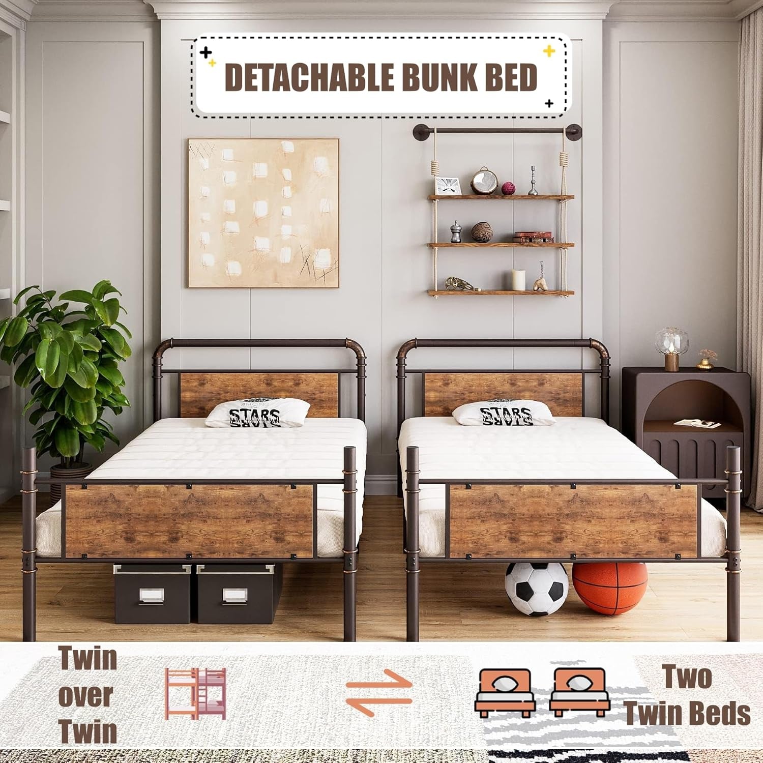 Bunk Bed Twin over Twin,Metal Bunkbeds with Ladders & 16.6" Safety Guardrail,Twin Bunk Beds for Kids,Adults and Small Spaces,No Box Spring Needed,Brown-3