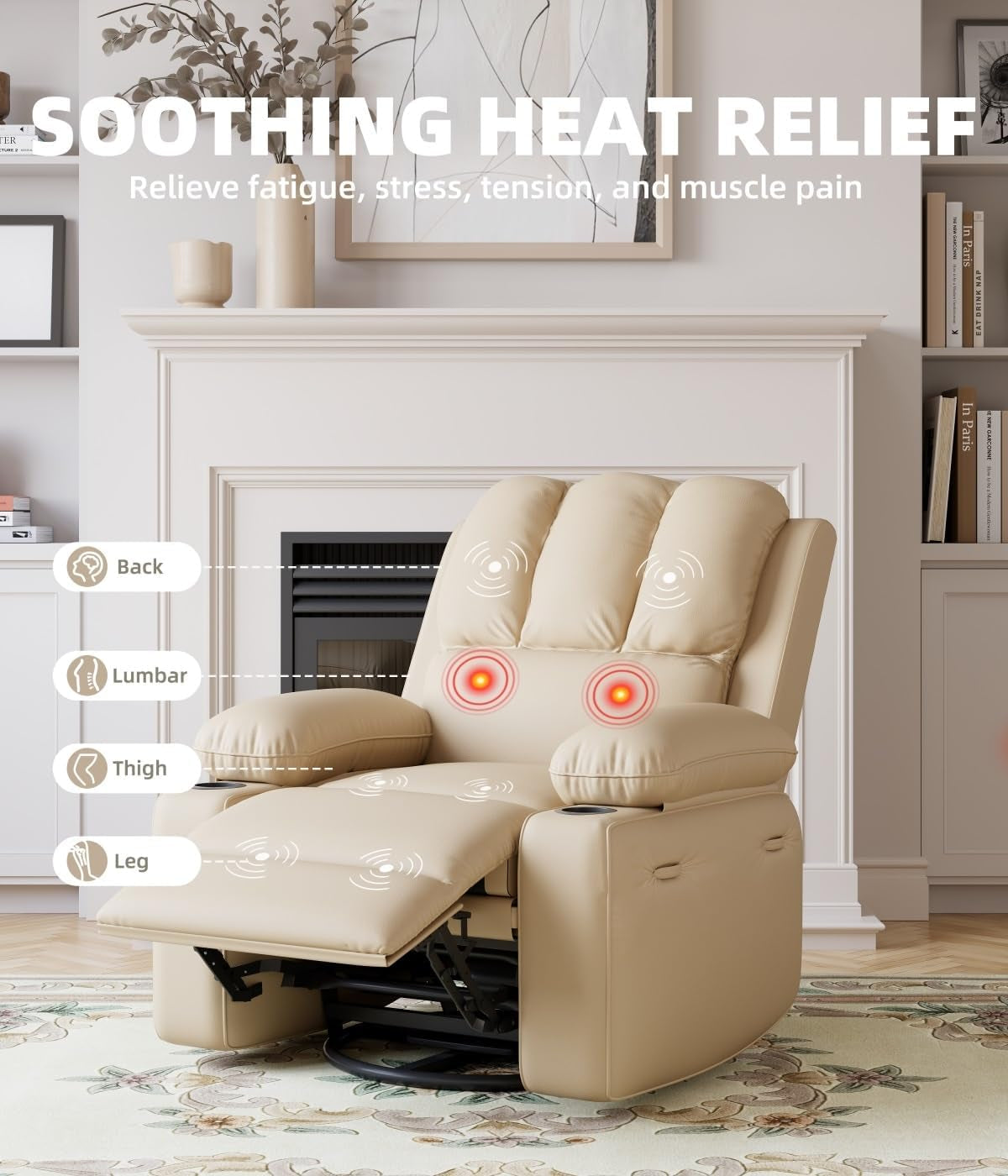 Oversized 27" Recliner Chairs with Heat and Massage - 360° Swivel Lazy Recliner Chair for Adults- Manual Rocking Chair with Cup Holder for Living Rooms, Bedrooms and Nurseries - Creamy-3