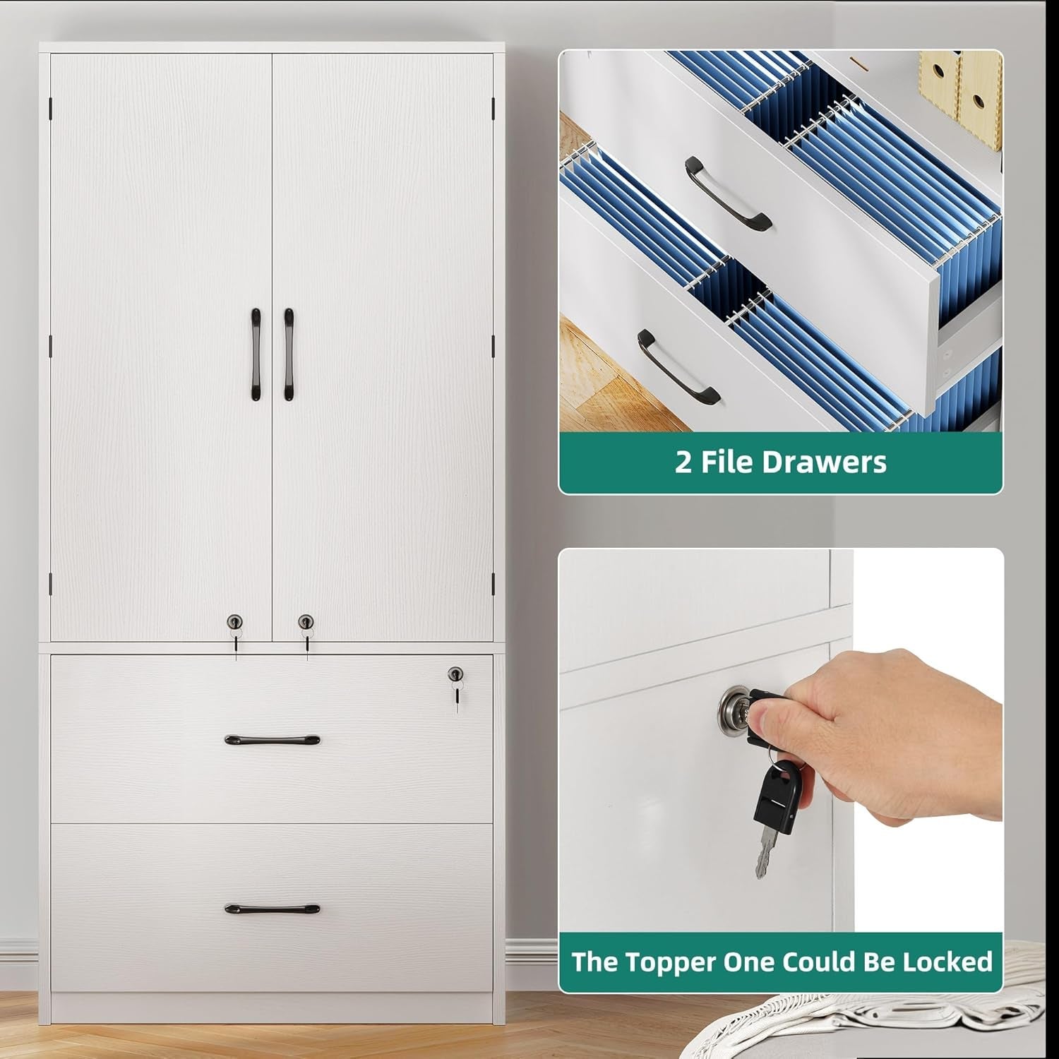 Wood File Cabinets, Heavy Duty Garage Tool Cabinets with Doors & Adjustable Shelves, Big Storage Filing Lockers for Home Office, Living Room, Pantry, Gym, Basement, Warehouse, White-4