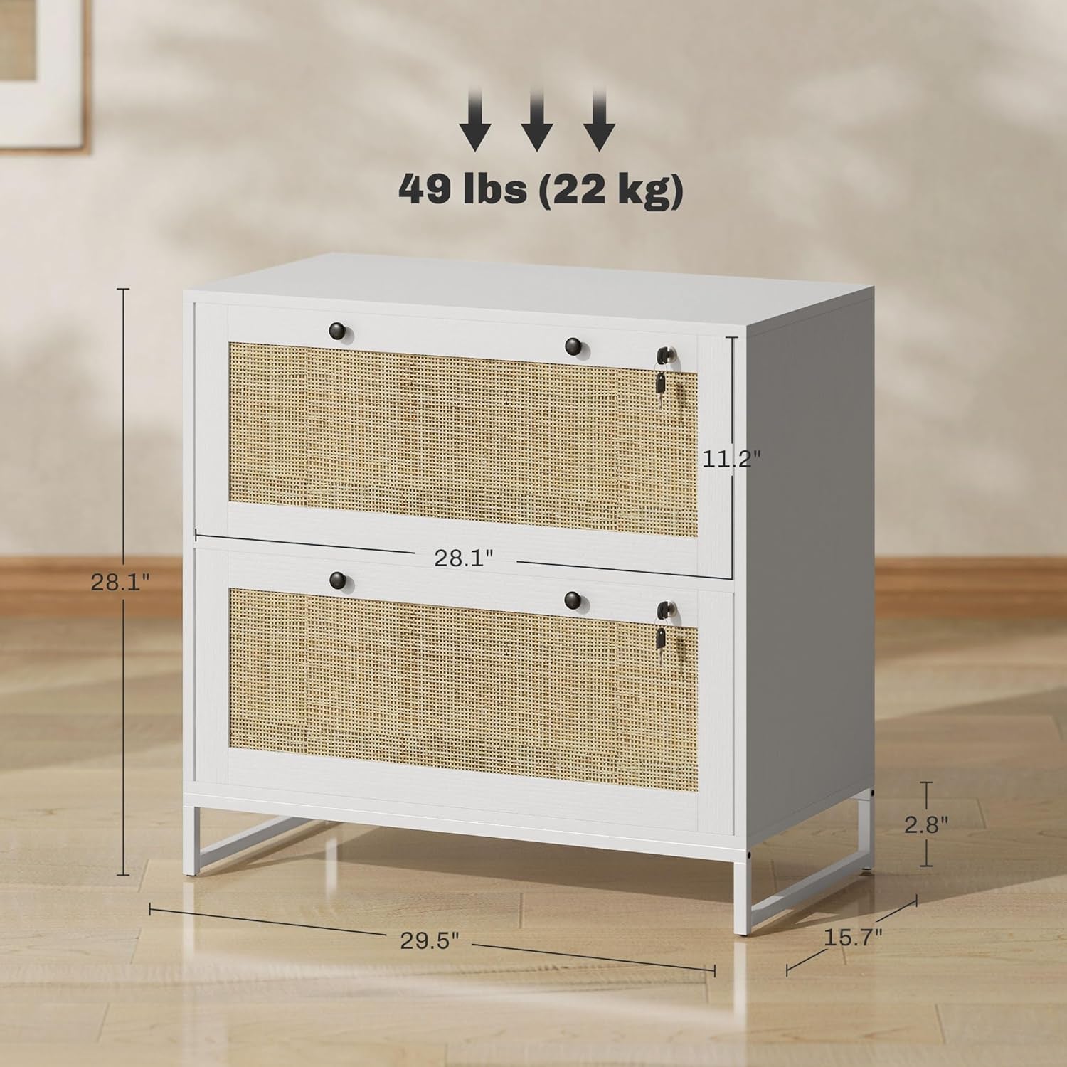 White Rattan 2 Drawer Locking File Cabinet-2