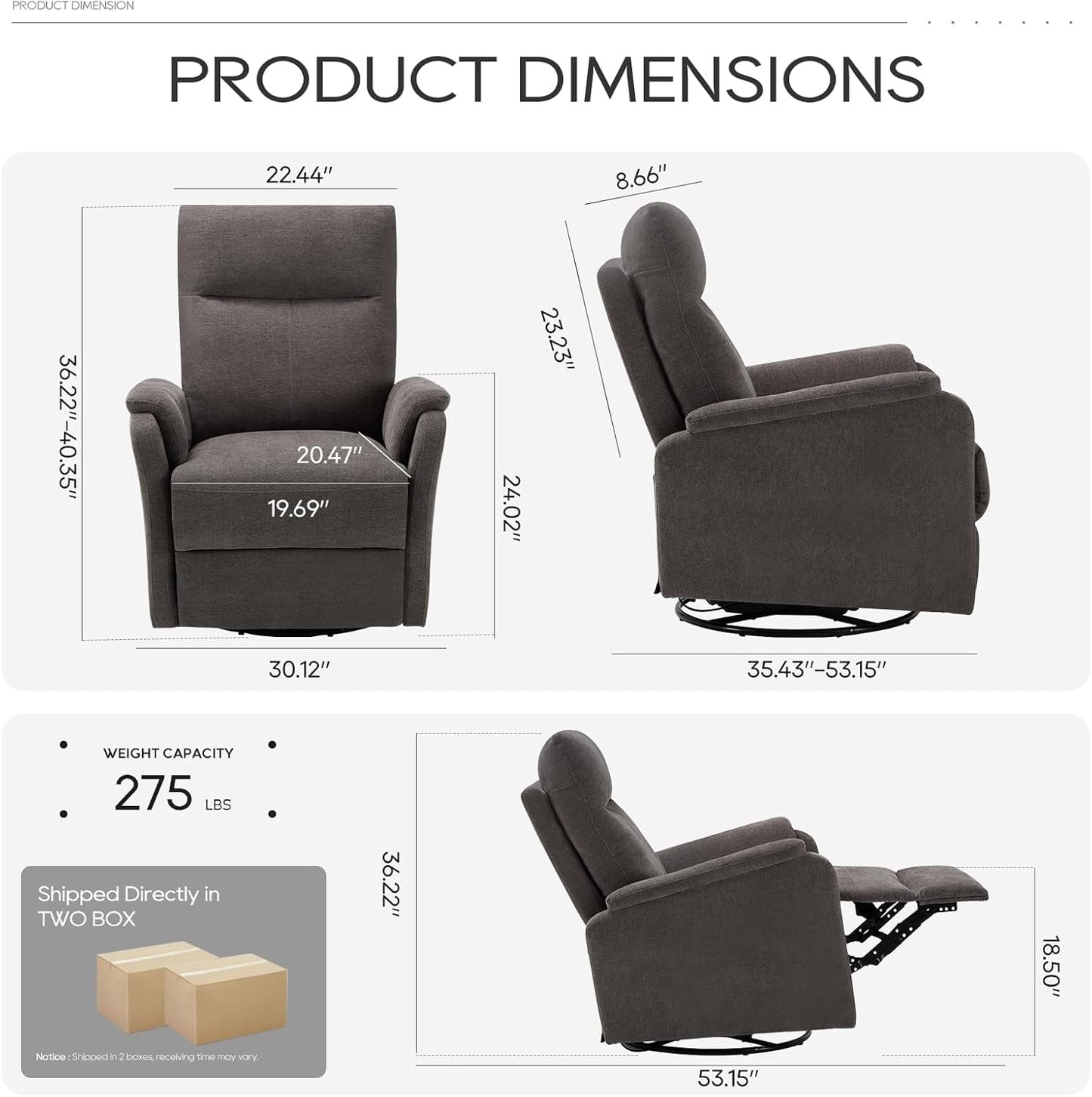 Swivel Rocking Recliner Glider Chair, Upholstered Fabric Reclining Rocker Chair with Footrest for Living Room, Nursery, Bedroom, Ergonomic High Backrest, Wide Seat Cushion and Metal Base-Charcoal-1