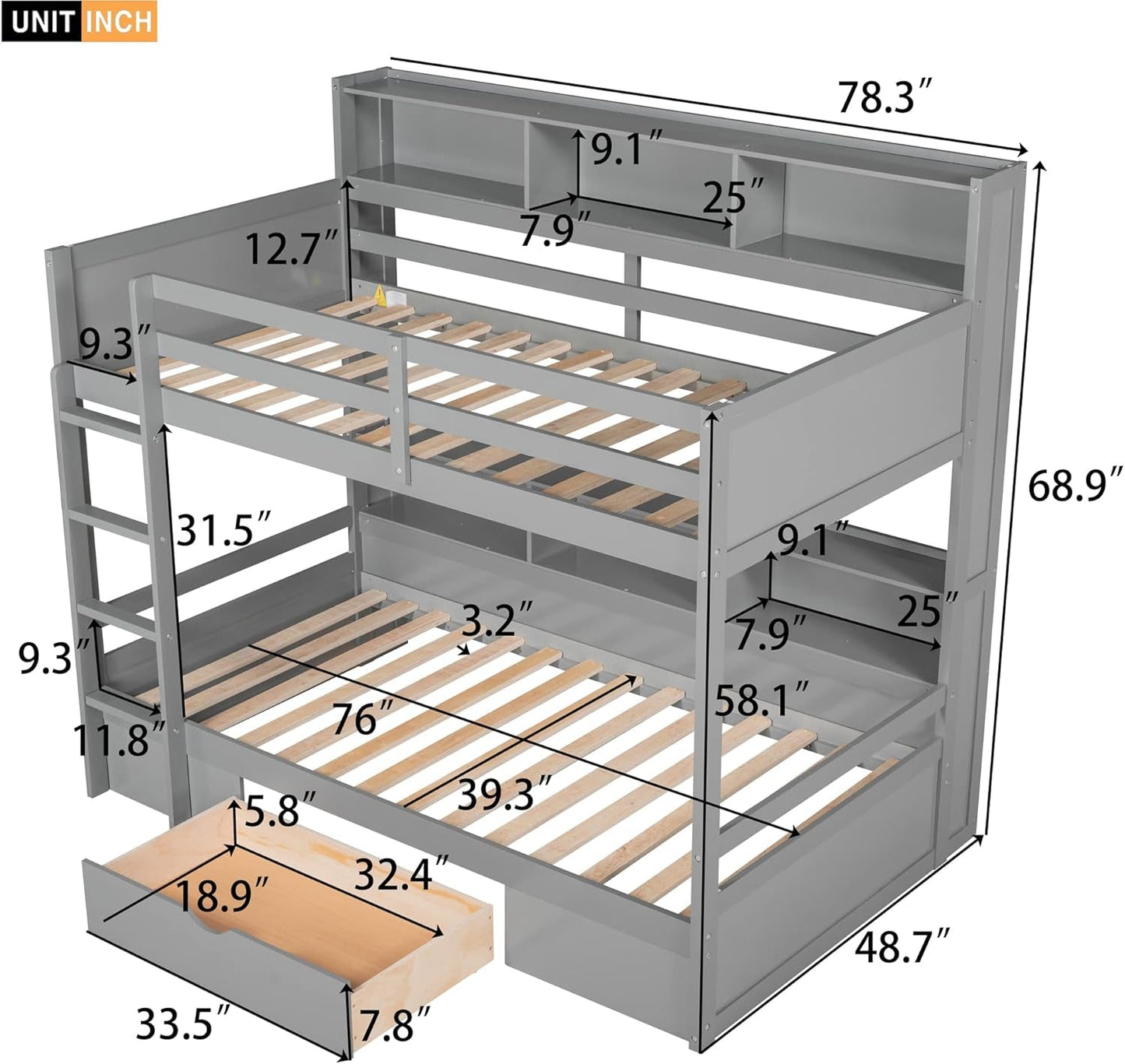 Bunk Bed Twin over Twin with Storage,Wood Twin Bunk Beds with Built-In Shelves beside Both Upper & down Bed,Multi Storage Bunk Beds with Drawer for Kids Girls Boys, Grey-1