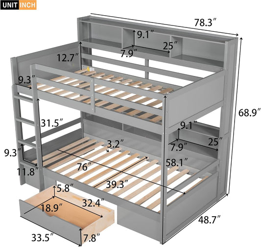 Bunk Bed Twin over Twin with Storage,Wood Twin Bunk Beds with Built-In Shelves beside Both Upper & down Bed,Multi Storage Bunk Beds with Drawer for Kids Girls Boys, Grey-1
