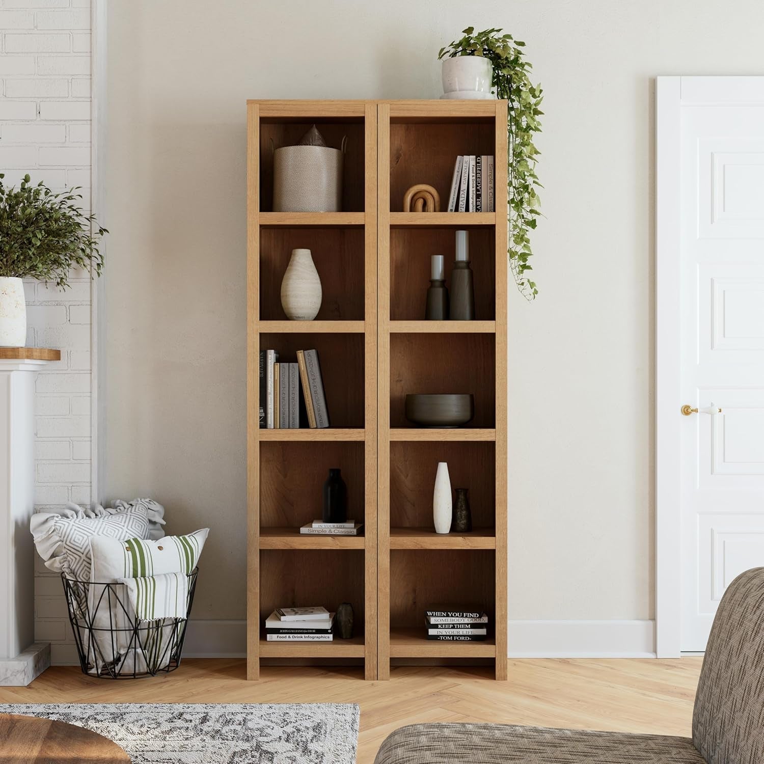 Moda 80" Tall 5-Tier Narrow Bookcase in Natural Oak, Modern Storage Accent Bookshelf with 3 Adjustable Shelves for Home, Office, Living Room, Bedroom-1