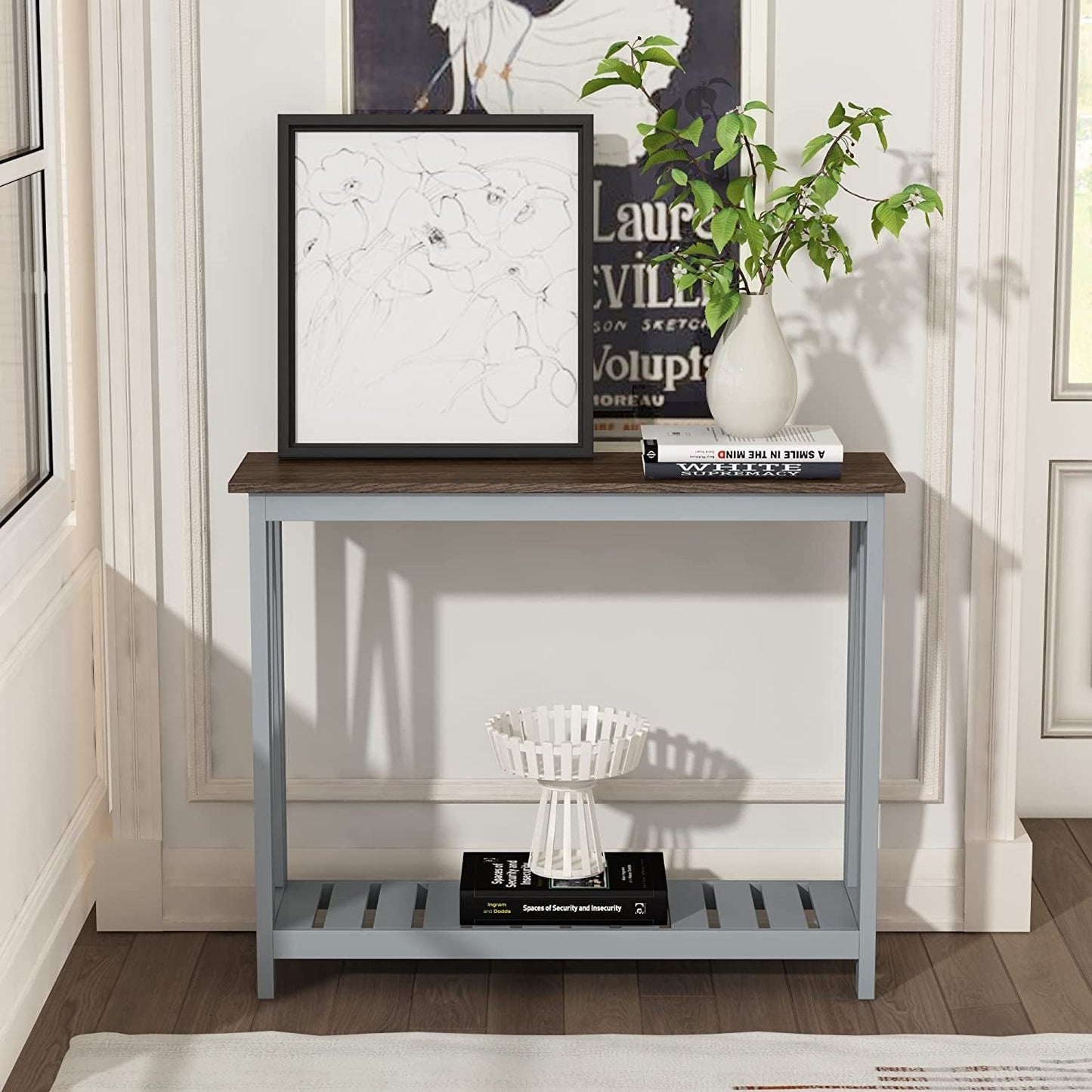 Grey Farmhouse Console Table with Shelf for Entryway-0