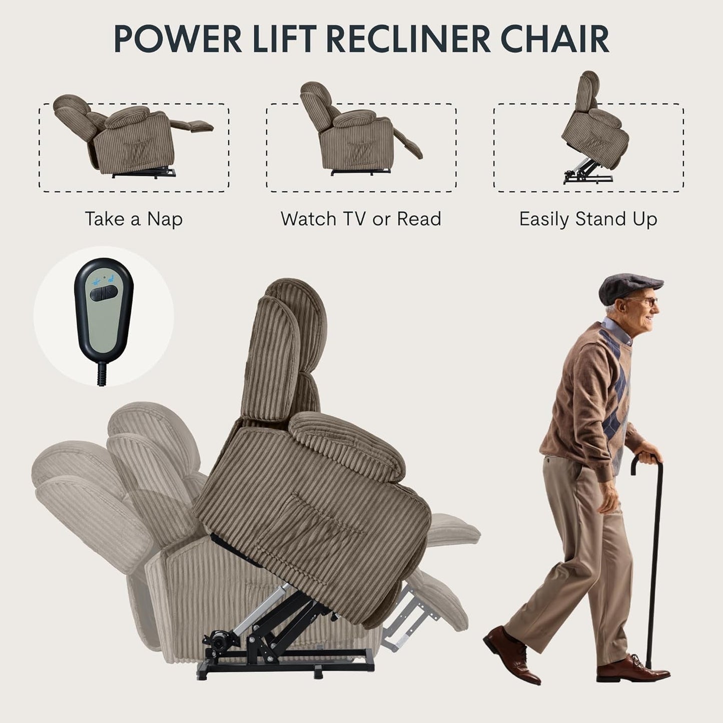 XL31 Power Lift Recliner Chair for Elderly with Massage and Heat, Electric Lift Reclining Chair W/Cup Holders, Side Pockets, Fabric Massage Recliner Sofa for Living Room (Khaki)-2