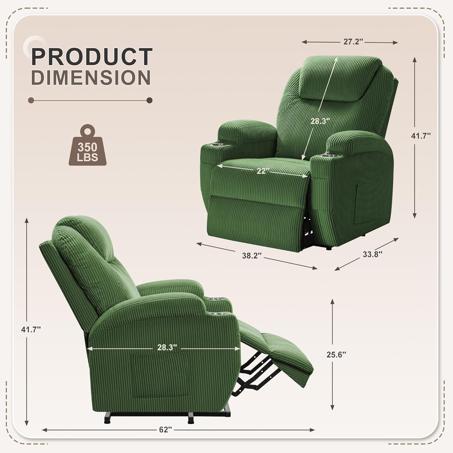 Power Lift Recliner Chair with Massage for Elderly Ergonomic Lounge Chair Classic Single Sofa with 2 Cup Holders Side Pockets Home Theater Seat (Corduroy, Green)-2