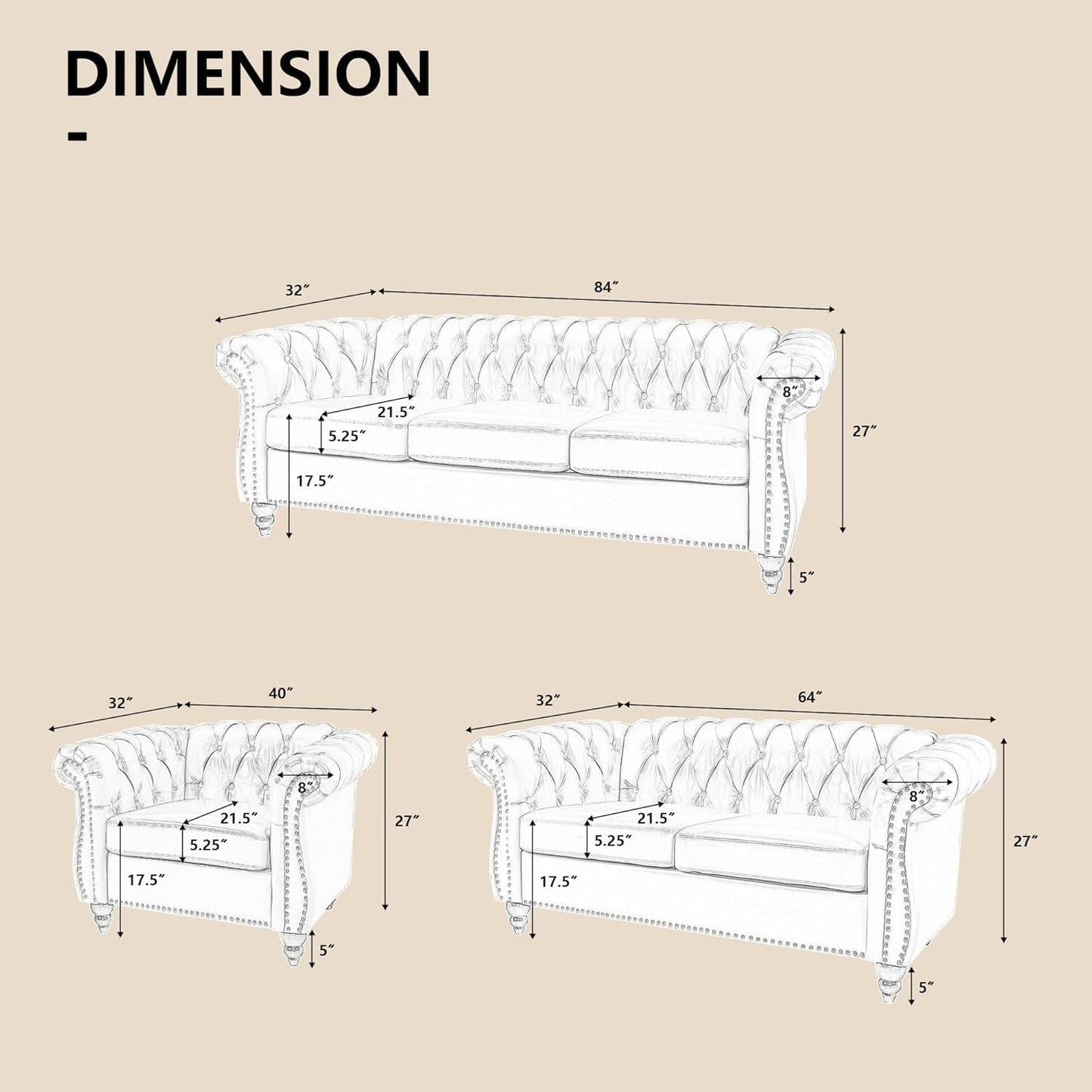 3-Piece Living Room Sectional Sofa Set, Upholstered Sofa Modern Sofa Couches Set Style Button Tufted, Velvet Chesterfield Sofa for Living Room Apartment, 1+2+3 Seat Beige-1