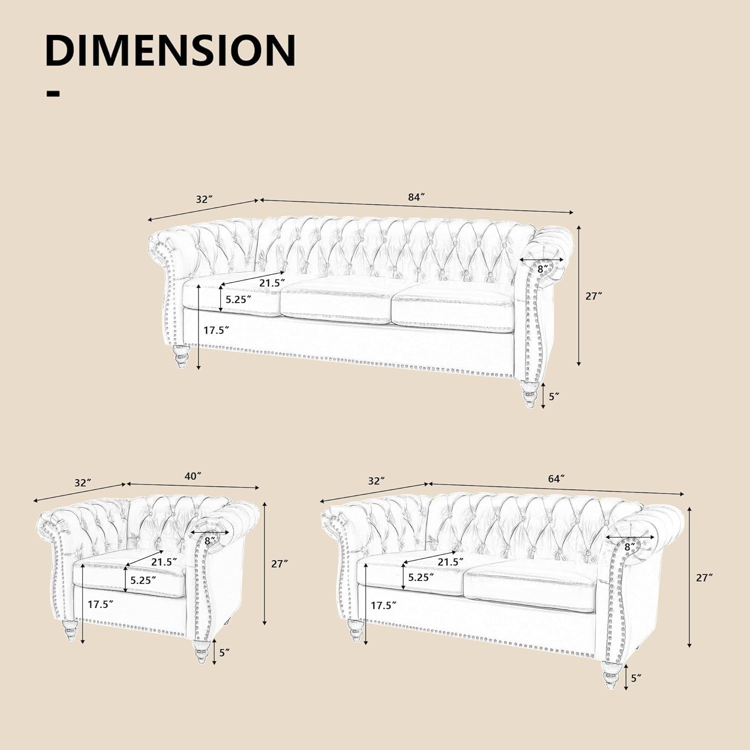 3-Piece Living Room Sectional Sofa Set, Upholstered Sofa Modern Sofa Couches Set Style Button Tufted, Velvet Chesterfield Sofa for Living Room Apartment, 1+2+3 Seat Beige-1