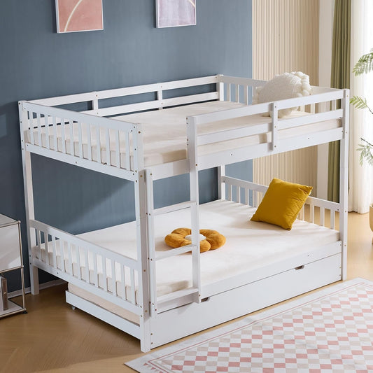 Wooden Bunk Bed,Full over Full White Bed with Trundle and Ladder,Detachable Bunk Frame with Guardrail,Space Saving Bunk Bed for Kids and Adults, No Spring Bed Required-0