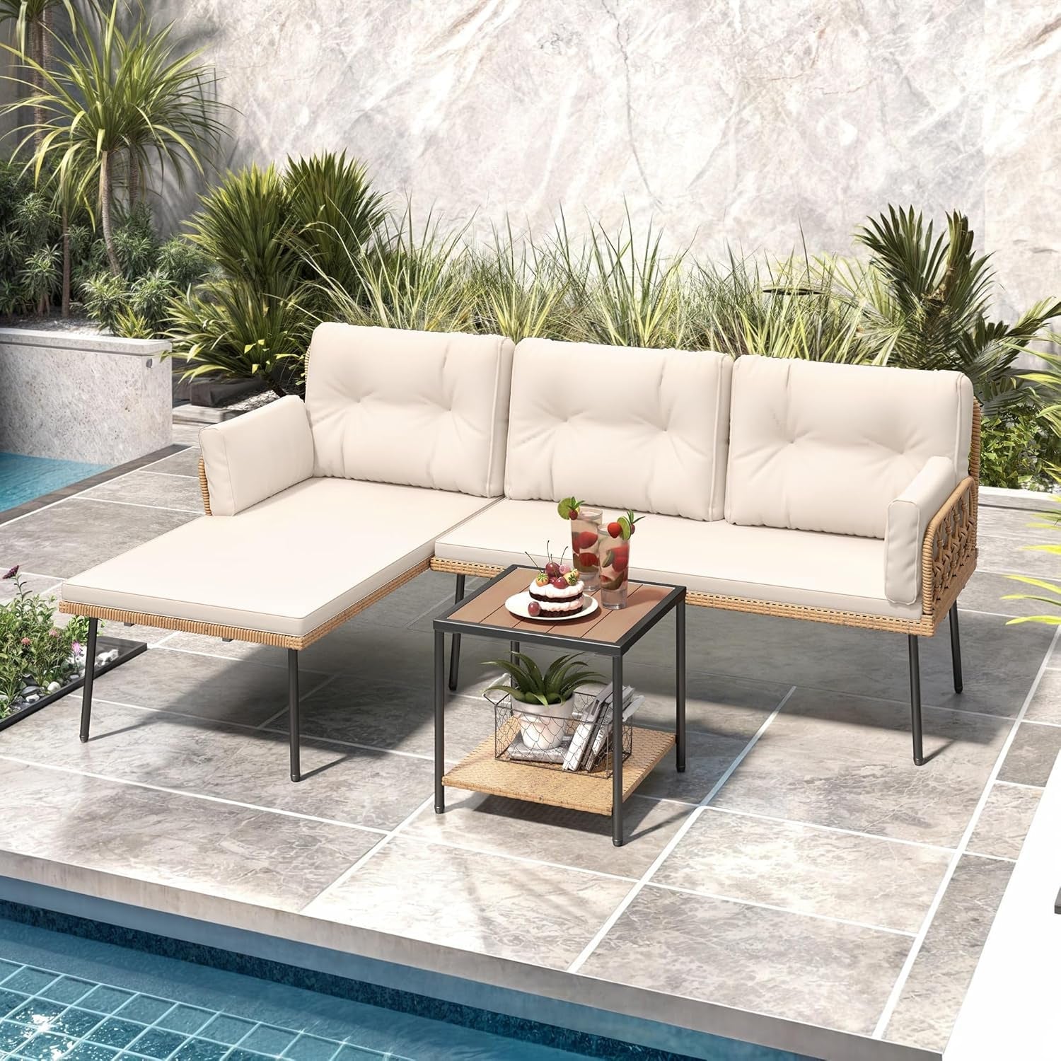 Patio Furniture Set, 3-Piece Outdoor Wicker Conversation Sectional L-Shaped Sofa with 4 Seater for Backyard, Porch, Boho Detachable Lounger with Cushions and Coffee Table - Beige-0