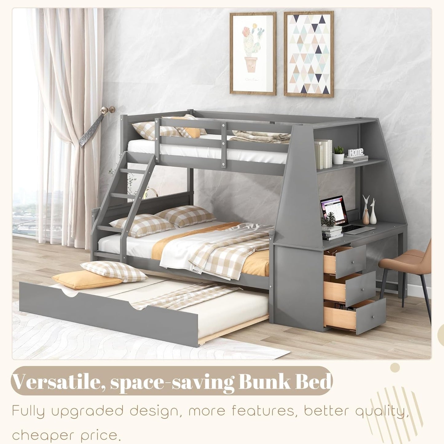 Twin over Full Bunk Beds with Trundle and Desk Wood Bunk Bed Frame with Three Storage Drawers and One Shelf for Kids Boys Girls Teens, Gray-2
