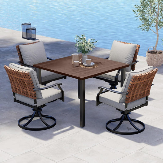 5-Piece Outdoor Dining Set, 4 Leather-Look Wicker Swivel Patio Chairs & 1 Square Woodgrain Dining Table, Brown-0