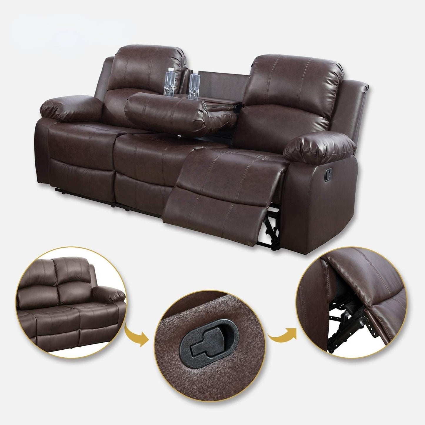 3 PCS Living Room Set, Faux Leather Recliner Sofa Set, Recliner Sofa Couch, Loveseat and Chair (Espresso)-3