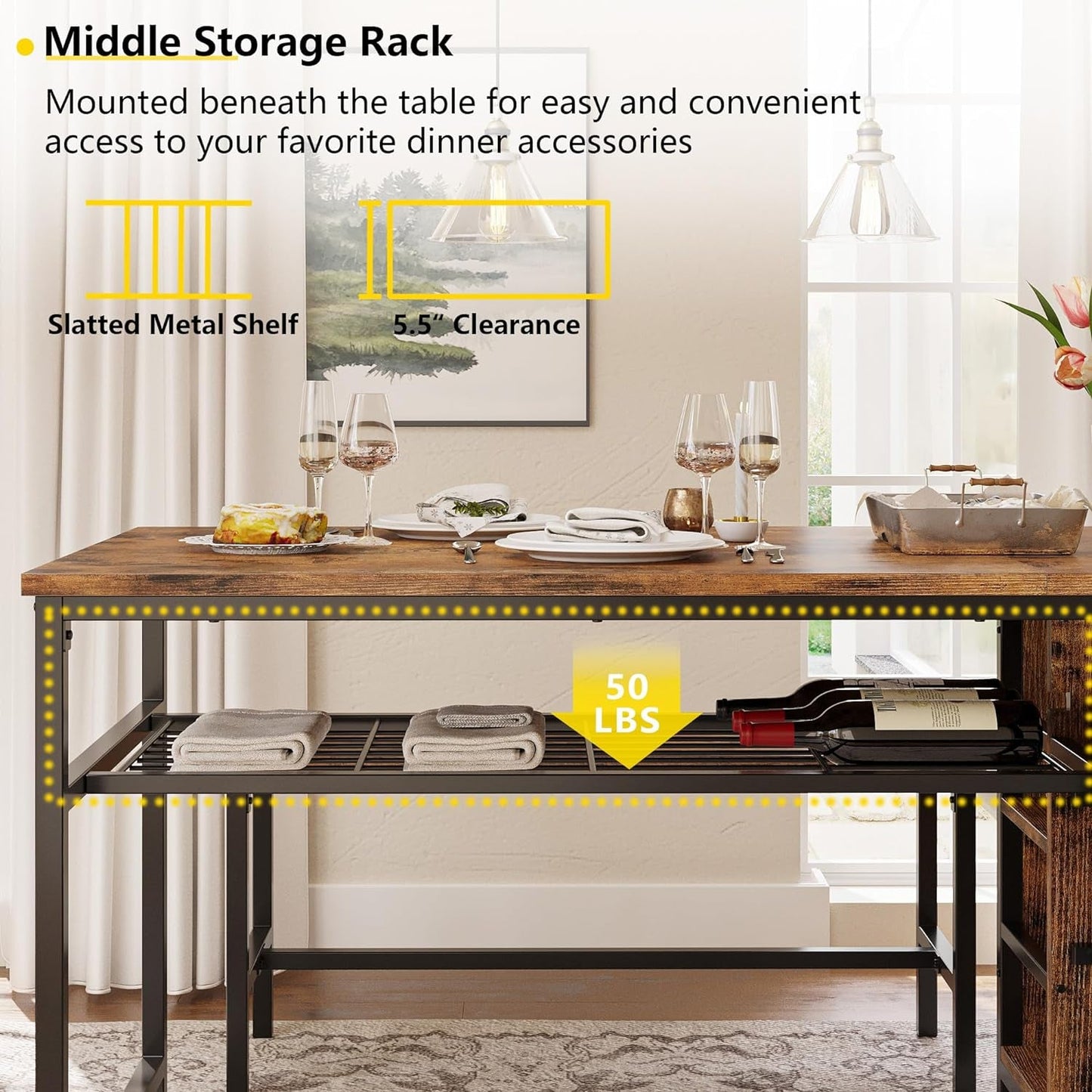 3-Piece Dining Table Set for 4, 47Inch Kitchen Table with 2 Benches, Wine Rack and Glass Holder, Space-Saving Dinette for Dining Room, Apartment, Vintage Brown-3