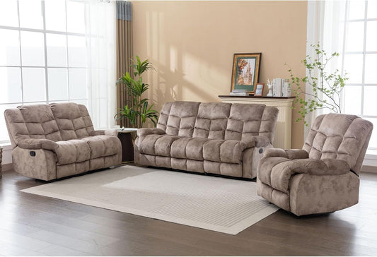 Reclining Living Room Set, One Seat Manual Recliner, Loveseat Recliner Sofa and 3PC Bonded Manual Recliner Set, Light Brown(Recliner+Loveseat+Sofa)-0
