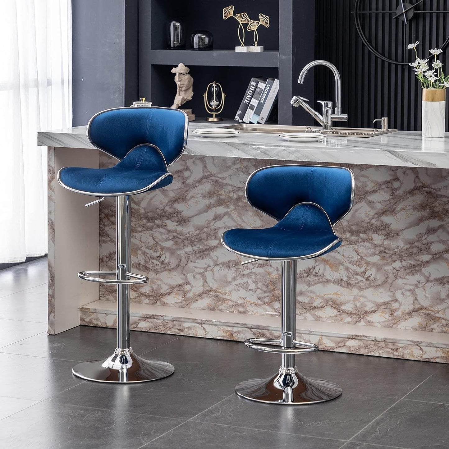 Masaccio Velvet Upholstered Adjustable Swivel Barstool, Set of 2, Blue-2