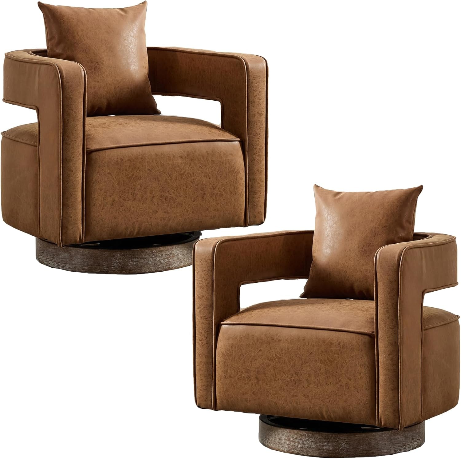 Swivel Accent Chair Set of 2, Modern Swivel Barrel Chair for Living Room, 360 Degree Comfy Square Swivel Chair with Open Back, Upholstered Armchair for Bedroom,Reading, PU Leather, Brown-0
