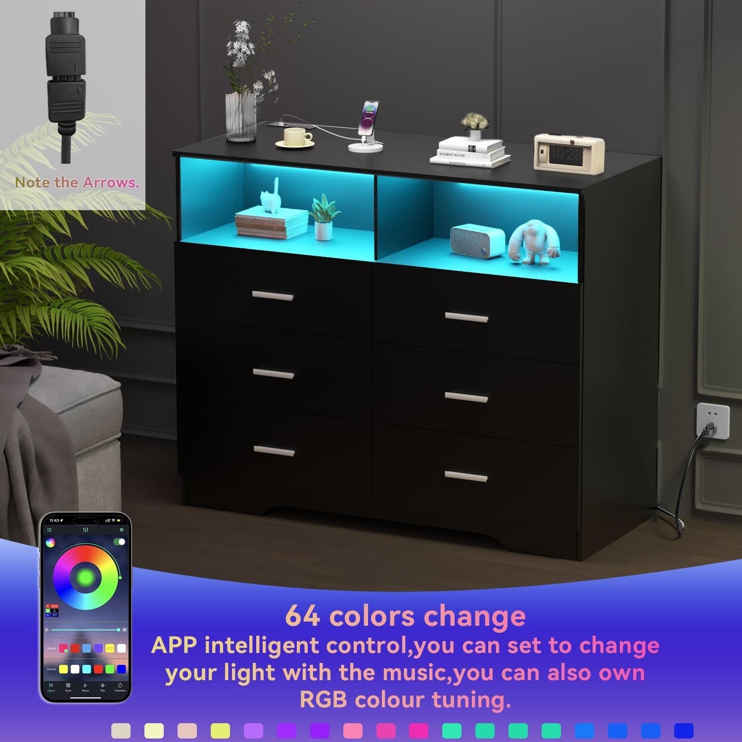 Dresser with Power Outlets and LED Lights Wooden 6 Drawer Dresser with Large Organizer Tall Black Dresser for Bedroom Chest of Drawers Closet Modern Dresser for Living Room Kids Room-4