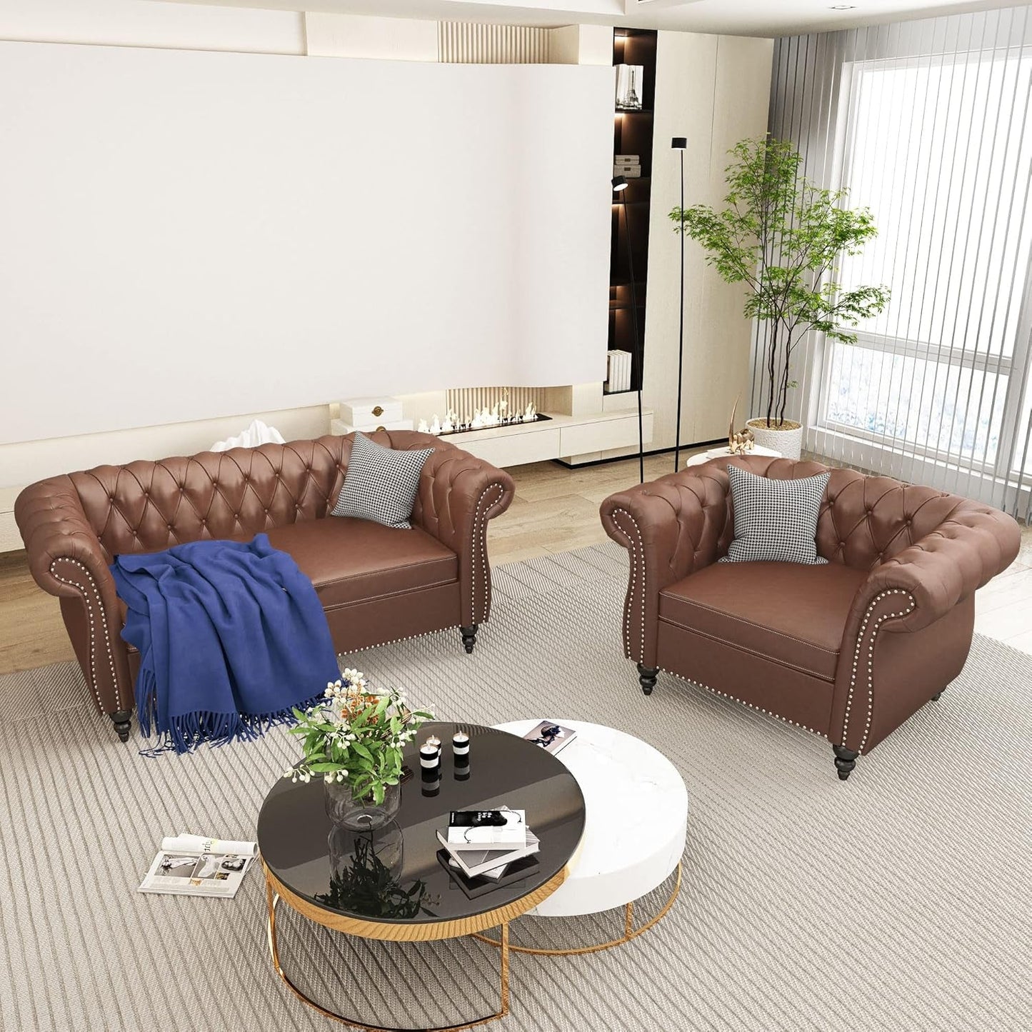 Sectional Modular Sofa Couches, PU Leather Modular Sofa Furniture Set Tufted Cushion Suitable for Small Space Configuration, Office Meeting Room Couch (PU Brown, 1-2)-0