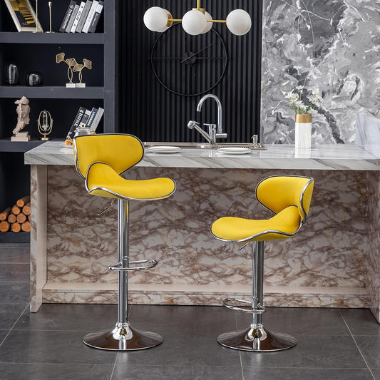 Masaccio Velvet Upholstered Adjustable Swivel Barstool, Set of 2, Yellow-0