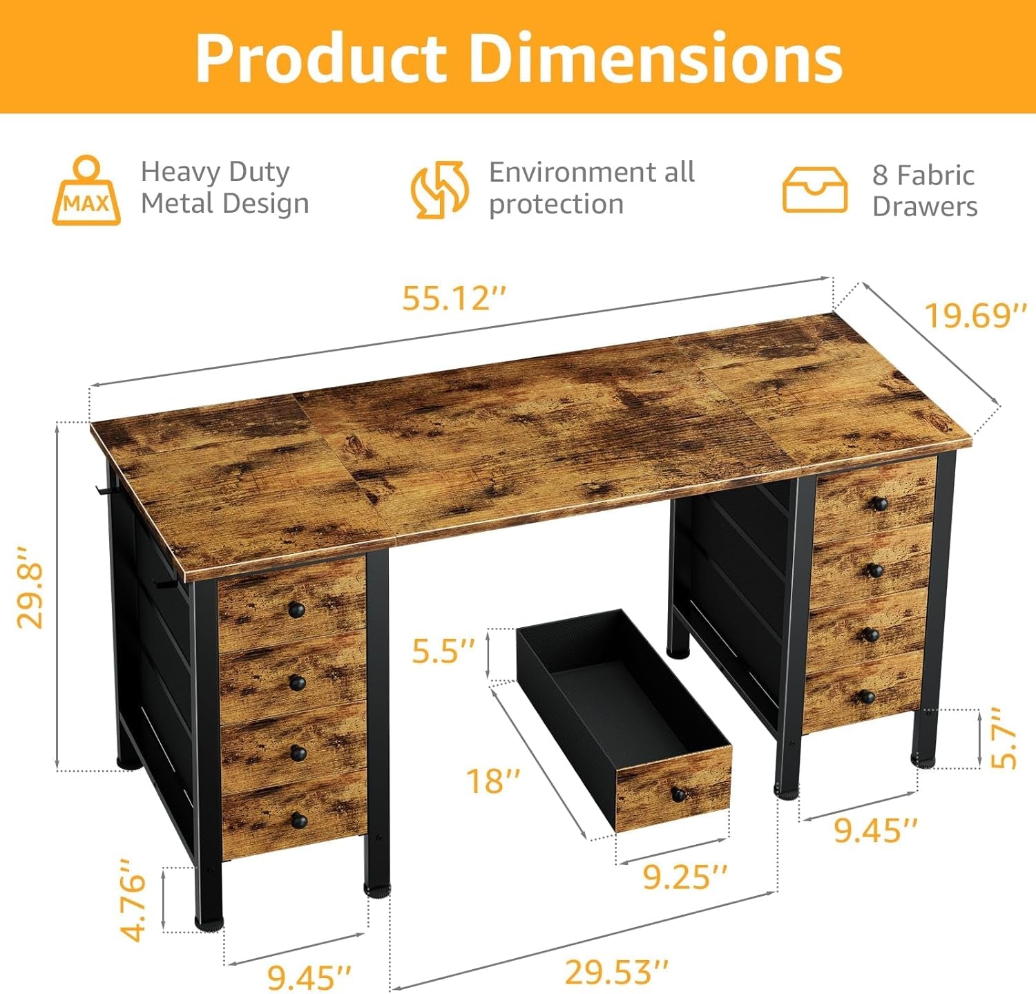 Home Office Desk with Drawers for Storage - 55 Inch Computer Desk with 8 Fabric Drawers, Writing Study Work Desk with Drawers on Both Sides for Bedroom-2