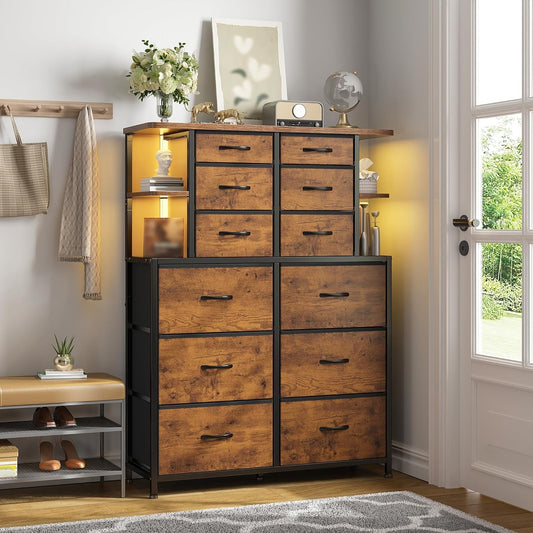 Dresser for Bedroom with LED Lights, 12 Drawers Bedroom Dresser, Dresser and Tall Dresser with Open Shelves, Fabric Dressers & Chests of Drawers with Sturdy Metal Frame, Rustic Brown-1