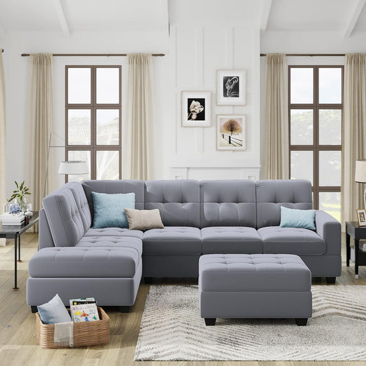 Sectional Sofa with Reversible Chaise Lounge, L-Shaped Sofa with Storage Ottoman and Cup Holders, Sectional Couches Living Room Furniture Sets (Antique Gray)-0